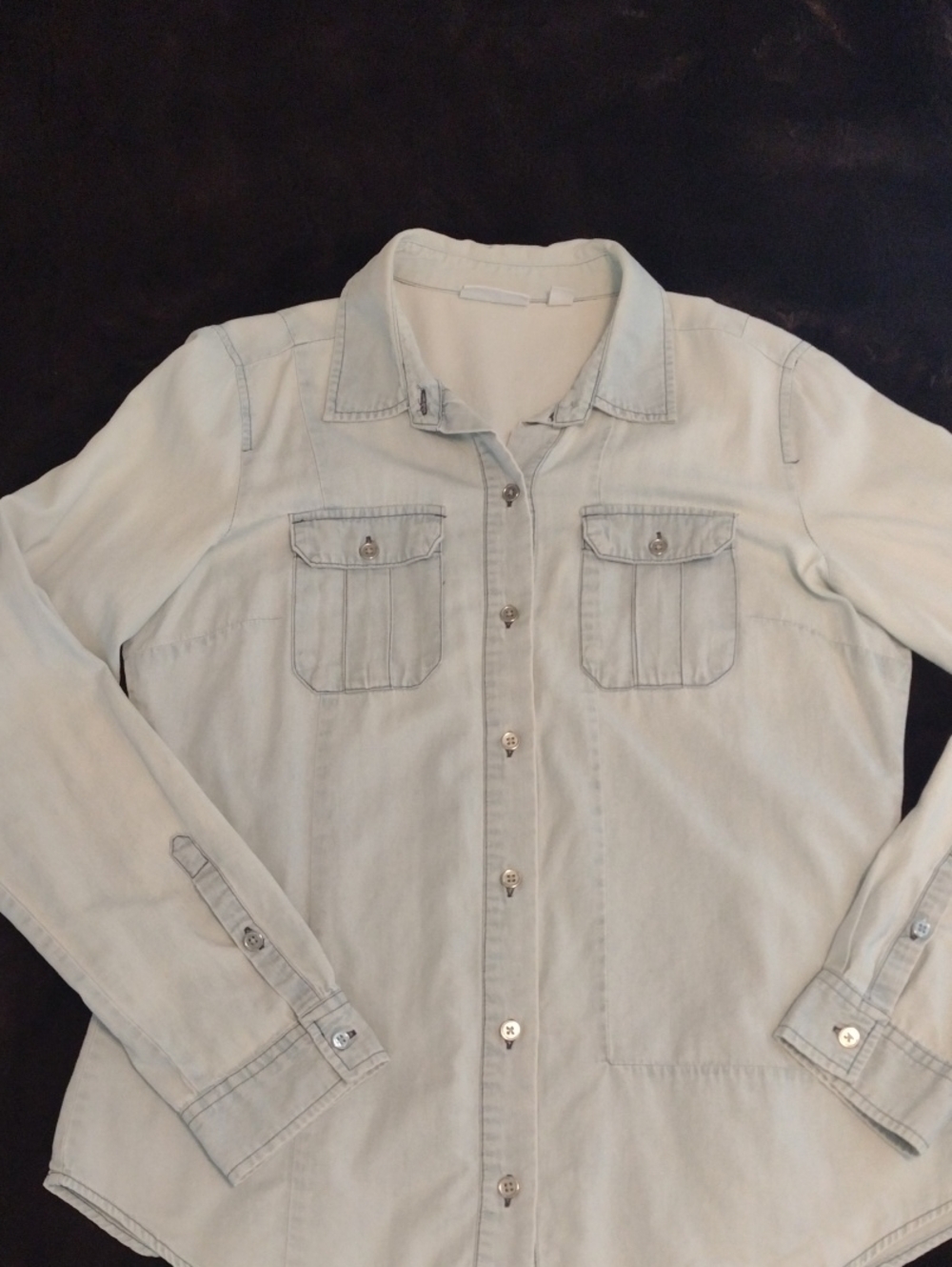 Chambray Button Down Women's M Long Sleeve Roll Tab Cargo Pockets Blue